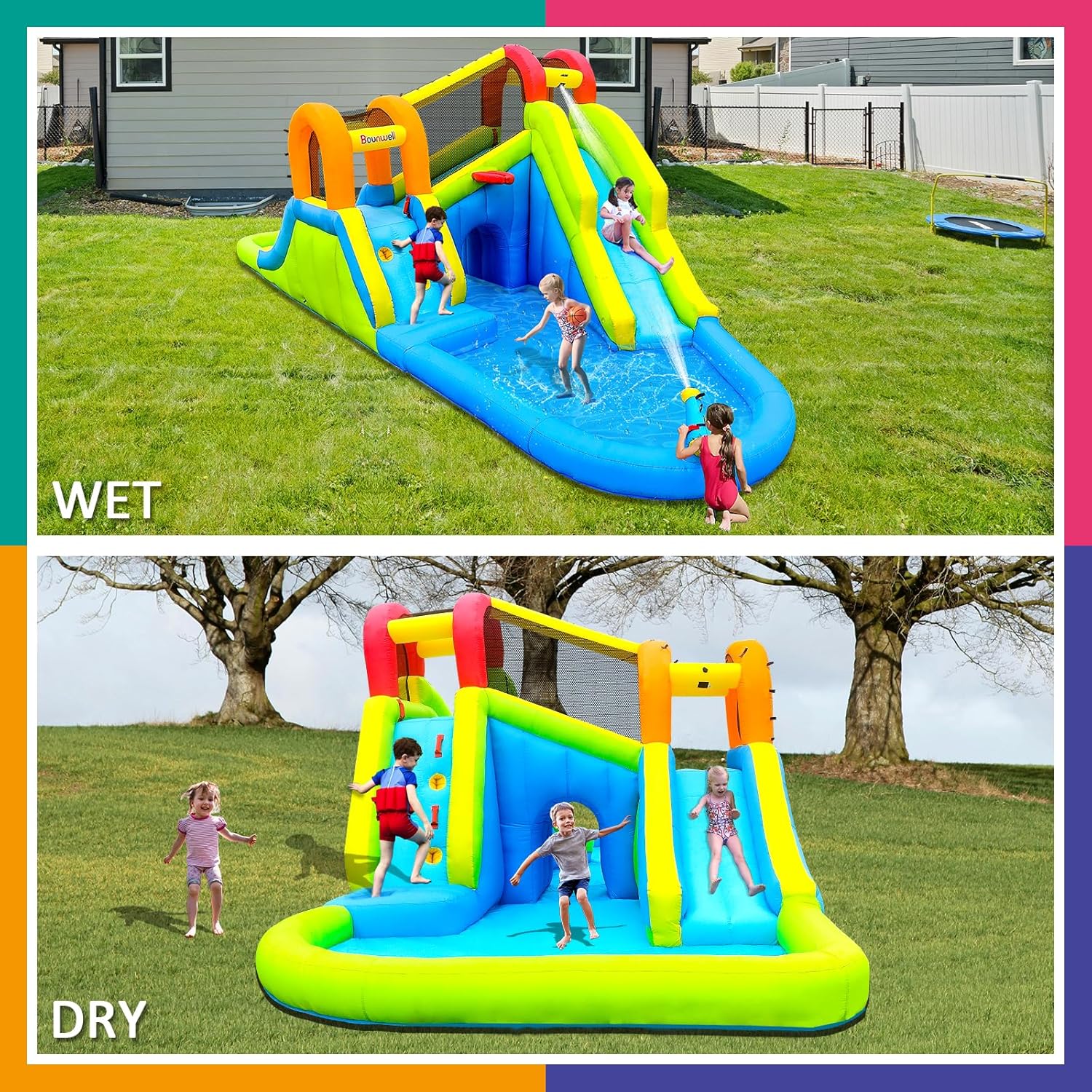 Inflatable Water Slide with Air Blower, Water Park for Kids Backyard, Blow Up Water Slide with 2 Slide, 2 Climbing Wall, Basketball Hoop, Water Cannon and Splash Pool