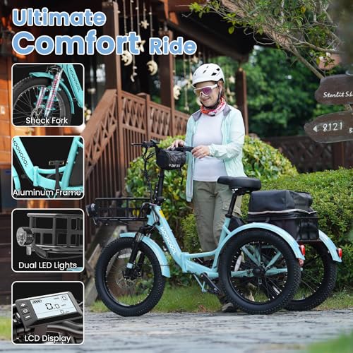 MOONCOOL Electric Tricycle for Adults, 500W/750W 48V 20" Folding Electric Trike Peak Power 1100W, 3 Wheels Electric Bicycle, Aluminum Frame Electric Tricycle with Large Basket and Removable Battery