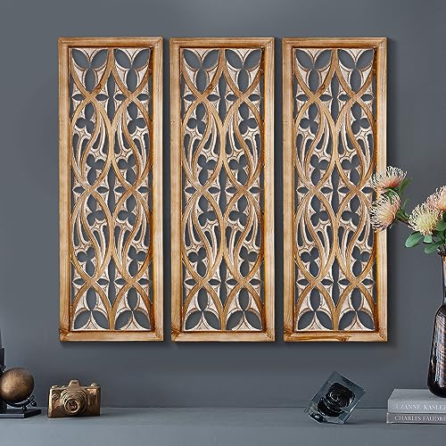 XIAOAIKA Carved Wood Wall Art Decor - Floral Design Panel, Distressed Carved Antique Wood Decor - Decorative Wall Sculpture for Living Room, Bedroom, and Entrance Hall 33.1 x 14.6 inches (2 Panels)