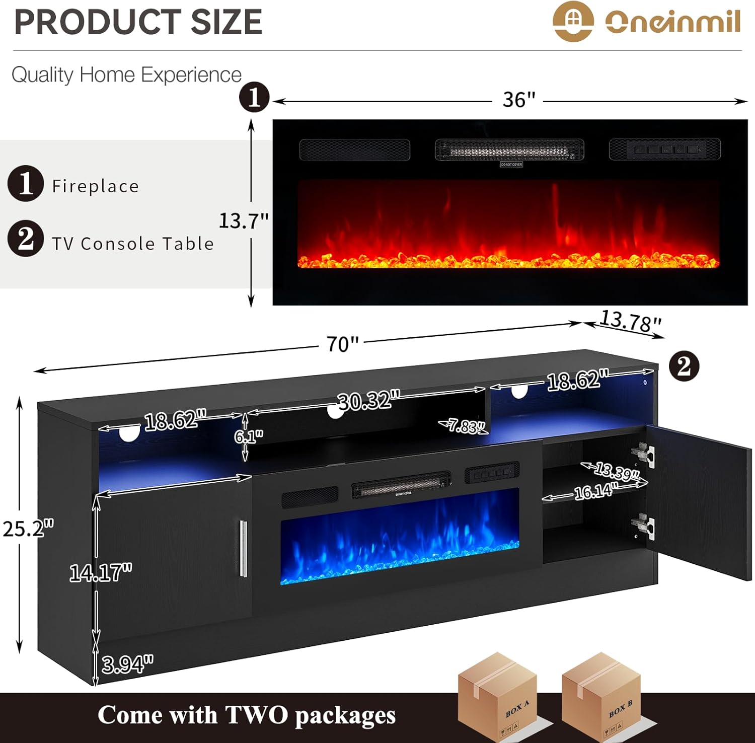 oneinmil Fireplace TV Stand with 36” Electric Fireplace, 70” Fireplace Entertainment Center LED Lights, 2 Tier TV Console for TVs Up to 80", Black