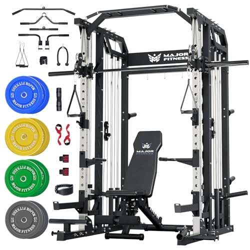 Major Fitness Drone2 Advanced Training Smith Machines– All-in-One Home Gym Squat Rack with Aluminum Pulley Set , Weight Bar, Dual LAT Pull-Down Systems & Cable Crossover Machine for Full-Body Workouts