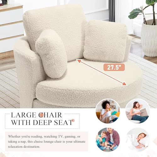 Chair and A Half with Ottoman, 360° Swivel Accent Barrel Chair Modern Comfy Round Reading Sofa Swivel Chairs Circle Lounge Chair for Bedroom Living Room w/4 Pillow Lower Seating Heigh (White, Large)