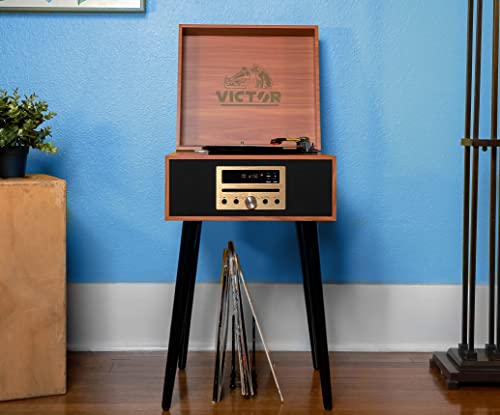 VICTOR Newbury 8-in-1 Turntable Music Center with 3-Speed Record Player, CD/MP3 Player, FM Radio, Dual Bluetooth In & Out, USB Playback & Record, Built-In Stereo Speakers & Chair Height Legs, Espresso