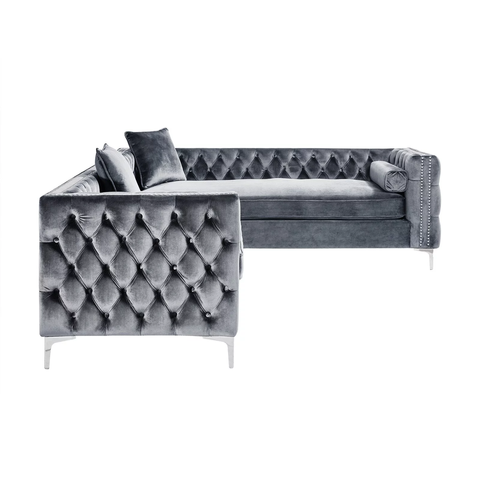 Inspired Home Sania Velvet Corner Sectional Sofa 120" Right Facing Button Tufted Nailhead Trim, Grey