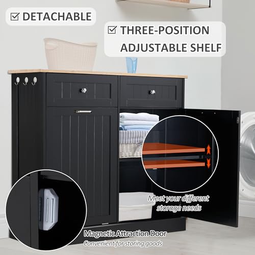 13 Gallons Tilt Out Trash Cabinet Kitchen Waste Bins Modern Kitchen Trash Cabinet with Adjustable Shelf and Hideaway Drawers, Pet Proof Trash Can Holder for Kitchen Living Room, Black