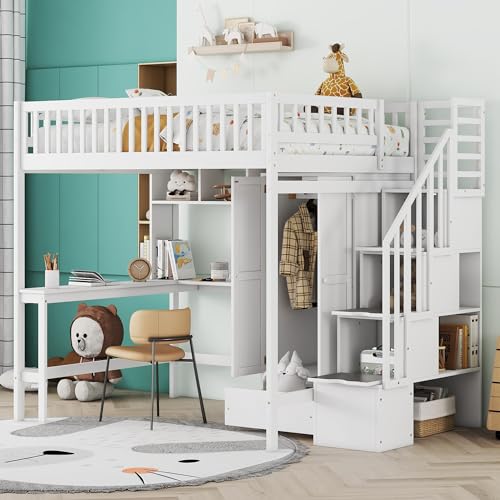 Full Size Loft Bed with Wardrobe Desk Storage Stairs, Wood Loft Bed Frame with Bookcase and Drawers, High Loft Bedframe for Kids Teens Adults, No Box Spring Needed, Espresso