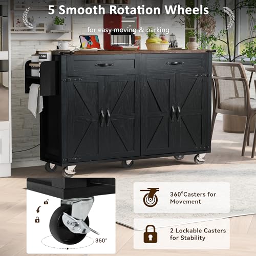 Kitchen Island with Storage, Rolling Kitchen Island Cart On Wheels with Power Outlet & Drop Leaf Countertop, Mobile Island Table for Kitchen with 2 Drawers 2 Cabinet, Spice Rack, Towel Rack, Black
