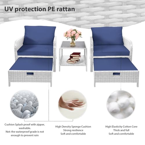 LEVELEVE Balcony Furniture 5 Piece Patio Conversation Set, PE Wicker Rattan Outdoor Lounge Chairs with Soft Cushions 2 Ottoman&Glass Table for Porch, Lawn-Brown Wicker
