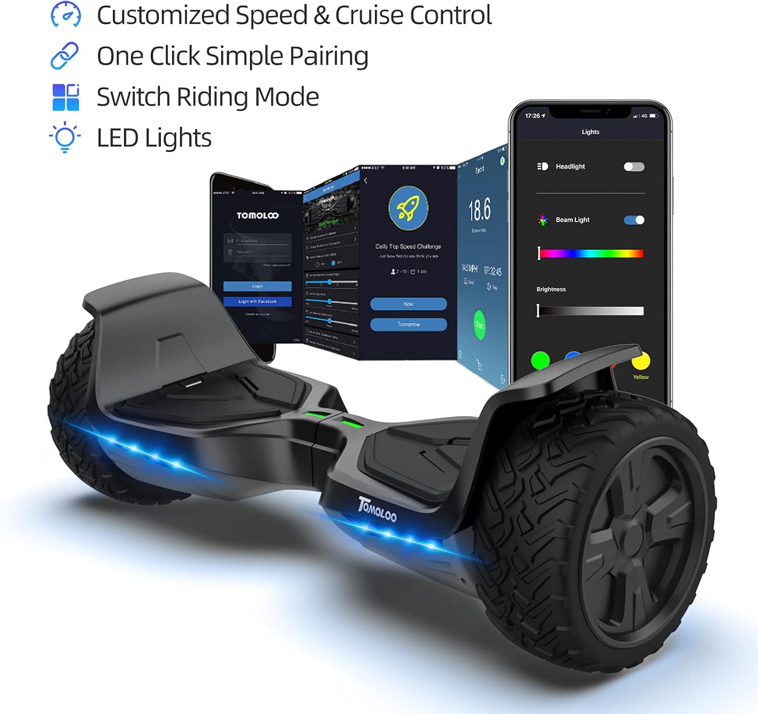TOMOLOO Hoverboard Offroad All Terrain 8.5 for Kids Hover Board Music-Rhythmed Two-Wheel Self Balancing Adults Huverboard with Bluetooth Speakers and Lights UL2272 Certified and App-Enabled