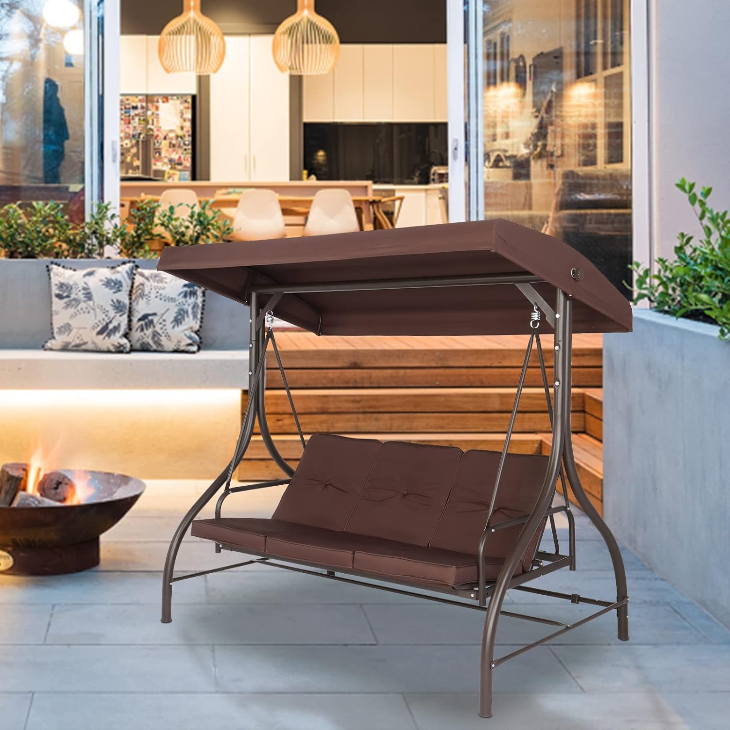 NA Steel Swing Load Bearing 551-pound,Porch Swing Outdoor Patio Swing Seat with Comfortable Cushion and Adjustable Waterproof Canopy Swing Chair,Garden 3-Seater Brown, 74.8''*47.24''*68.9''