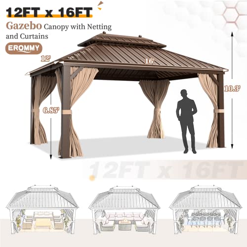 EROMMY 14'x20' Hardtop Gazebo Double Roof Galvanized Steel Canopy Outdoor Aluminum Frame Permanent Metal Pavilion with Netting and Curtains for Patio Backyard Deck and Lawns