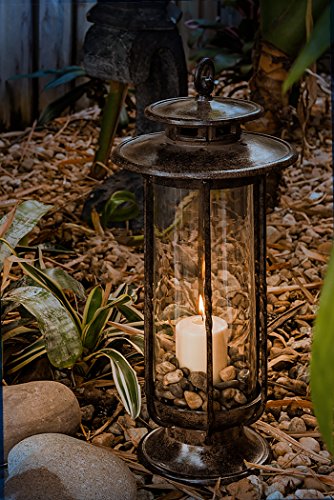 H Potter Large Decorative Hurricane Lantern Glass Candle Holder Cast Iron Rustic Indoor and Outdoor Light with Powder Coat Finish Centerpiece for Home Wedding Farmhouse Decor
