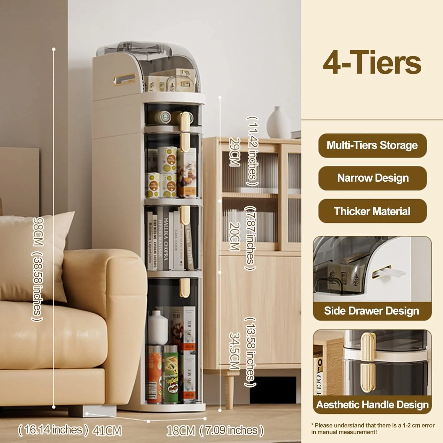 WANHUI 4-Tiers Bathroom Floor Cabinet Narrow Slim Gap Tower Organizer Side Rolling Unit Towel Storage with Clear Drawers for Small Space Laundry Living Room Fast Installation