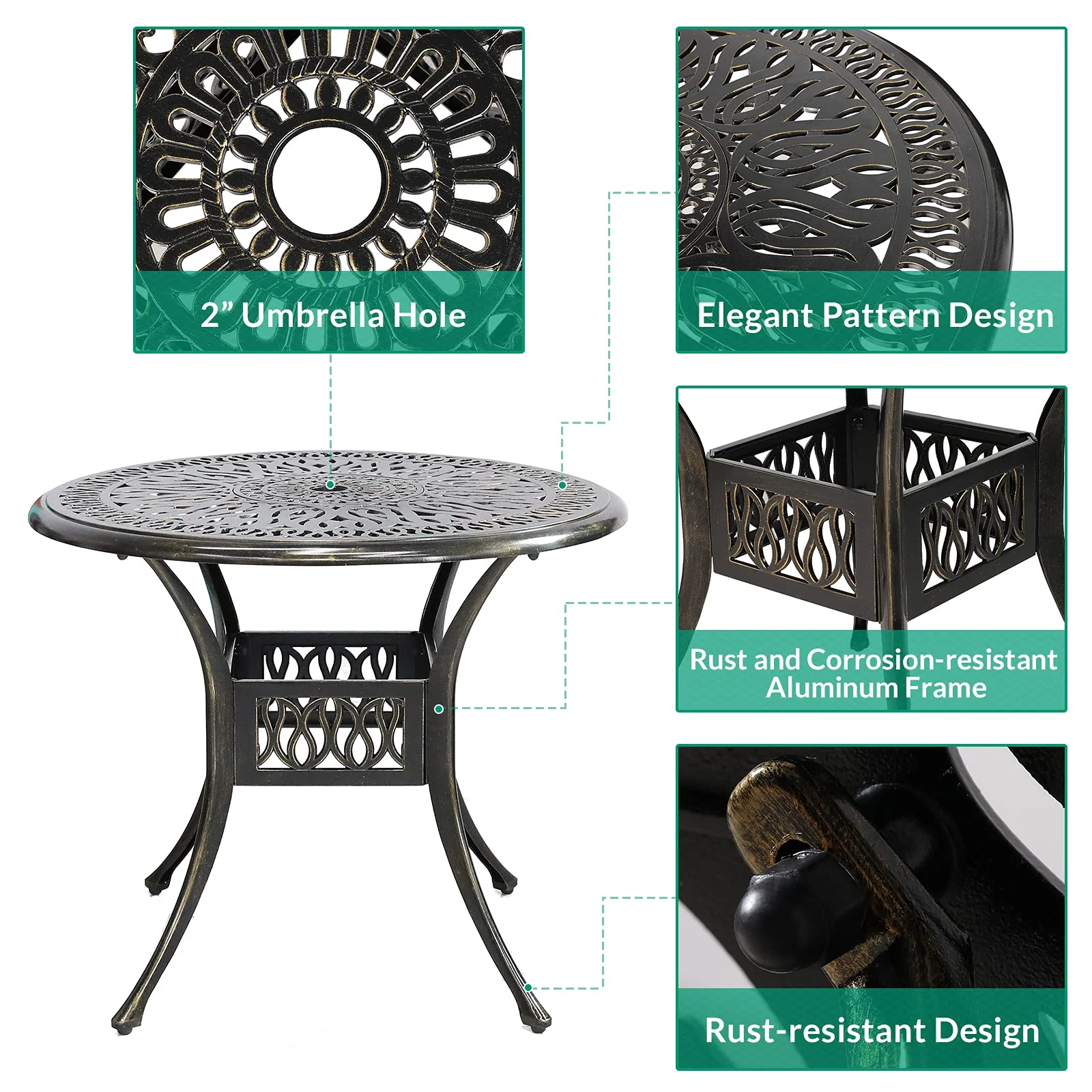 VIVIJASON 3-Piece Patio Bistro Sets, All-Weather Cast Aluminum Bistro Table Set Outdoor Patio Furniture, Include 2 Cushioned Chairs and 35.4" Round Table, 2" Umbrella Hole - Curated Treasures Market