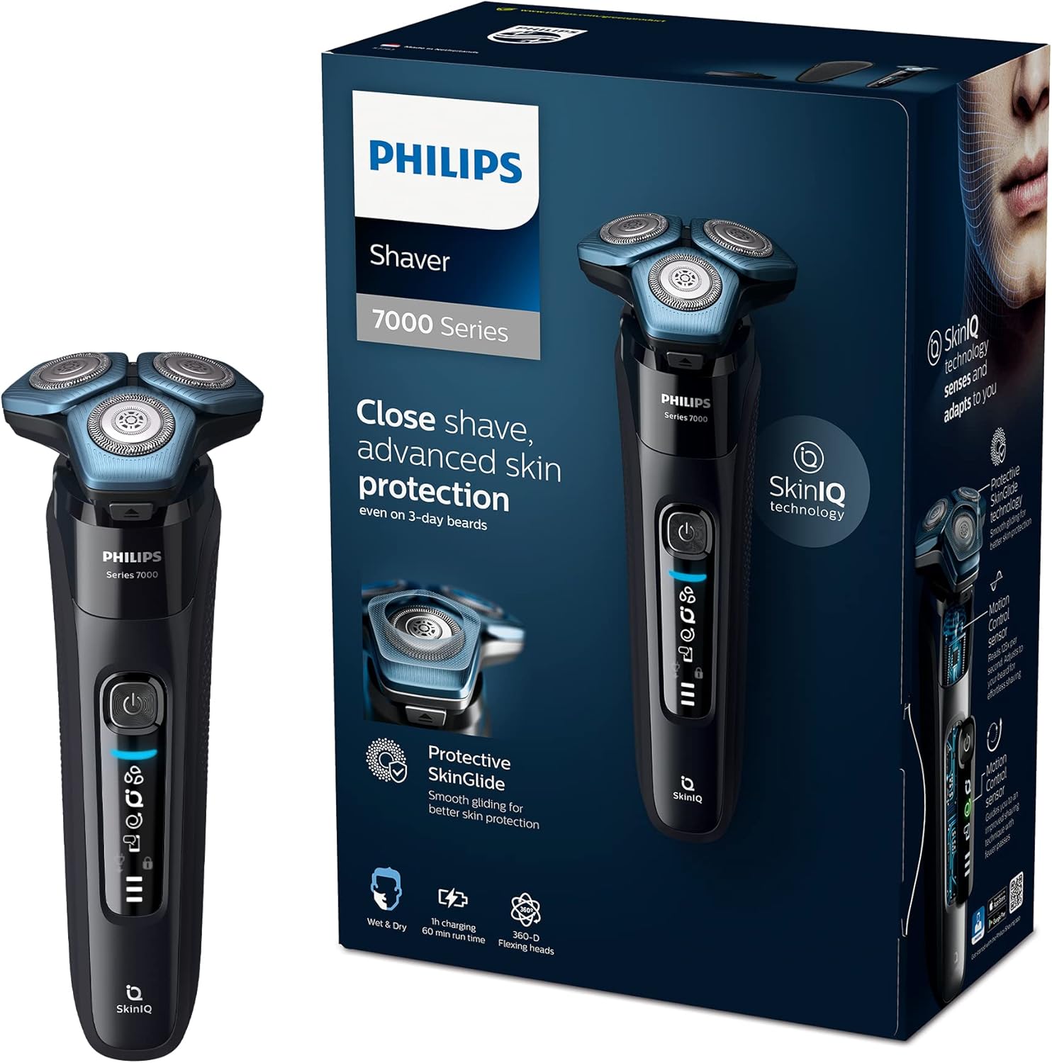 Philips Series 7000 Shaver — Wet and Dry Electric Shaver, Beard, Stubble and Moustache Trimmer with SkinIQ Technology, Black