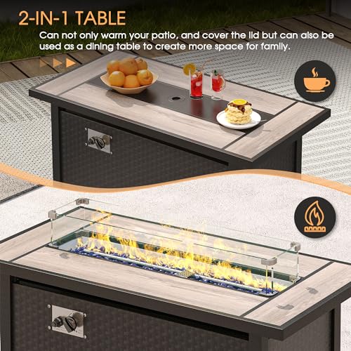 VICLLAX 6 Pieces Patio Furniture Set with 45-Inch Firepit Table, Outdoor Wicker Conversation Set with 3-seat Sofa, 4 Single Wicker Sofas and Metal Top Fire Pit Table for Garden, Poolside, Backyard