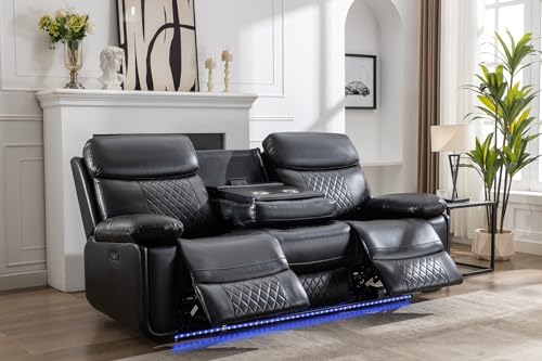 Power Reclining Sofa Couch with Wireless Charger, 3 Seaters with Recliner, Faux Leather Electric 3 Seat Sofa Sectional Set with LED light for living room,Home Theater Seating With Drop-Off Table,Black