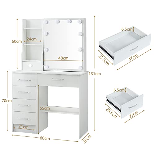Makeup Vanity Desk with Lights and Mirror Table Set, Small Makeup Vanity with Drawers, Hollywood Lighted Mirror, White Vanity with Storage Shelves, Makeup Vanity Table Bedroom