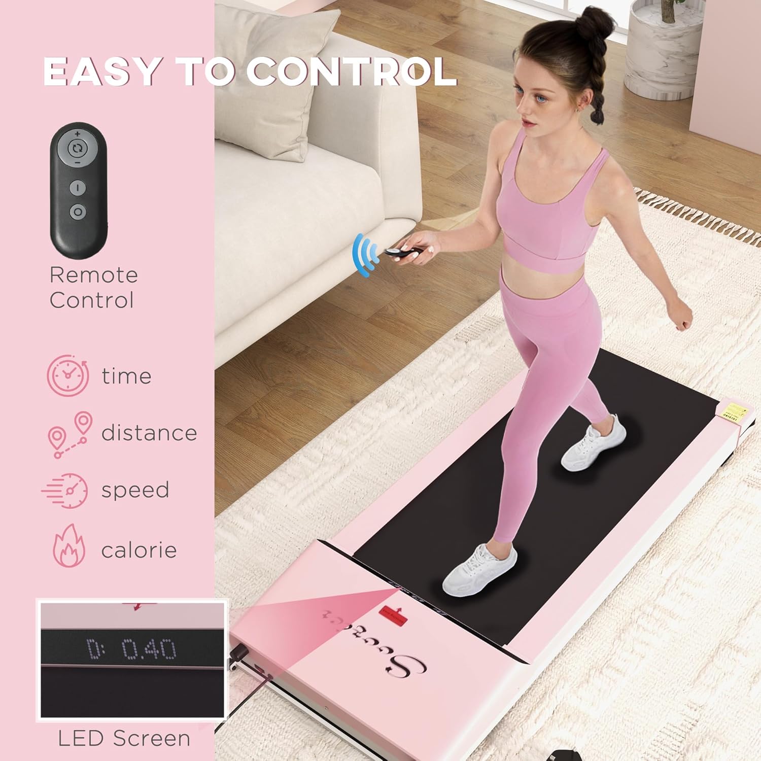 Soozier Under Desk Treadmill, Portable Walking Pad with Foldable Wheels, Remote Control, LED Display, 200 lbs Weight Capacity, Pink