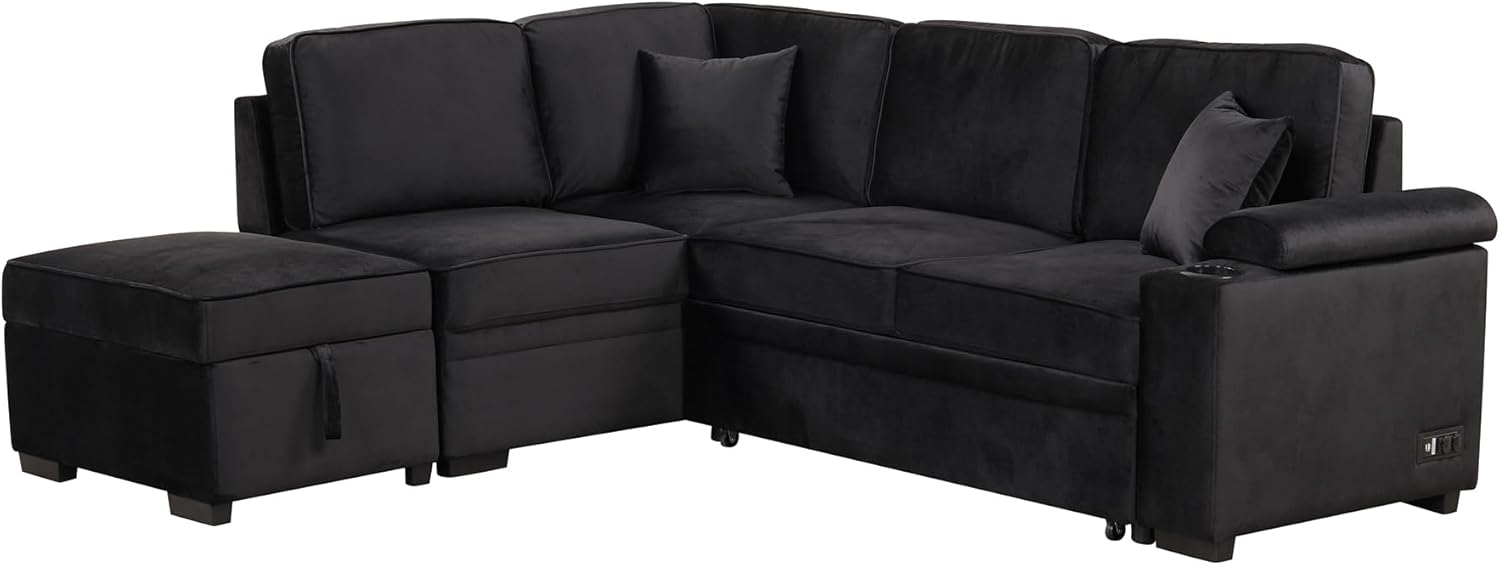 87.4'' Sleeper Sofa Bed,2 in 1 Pull Out Sofa Bed L Shape Couch with Storage Ottoman for Living Room,Bedroom Couch and Small Apartment, Black