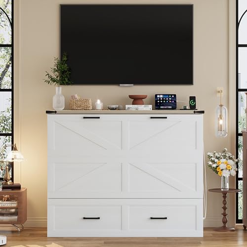 Wooden Murphy Cabinet Bed Frame with Charging Station, Full-Size Foldable Wall Bed with Large Storage Drawer for Home Apartment Limited Living Places, Space-Saving Hidden Bed No Box Spring Needed