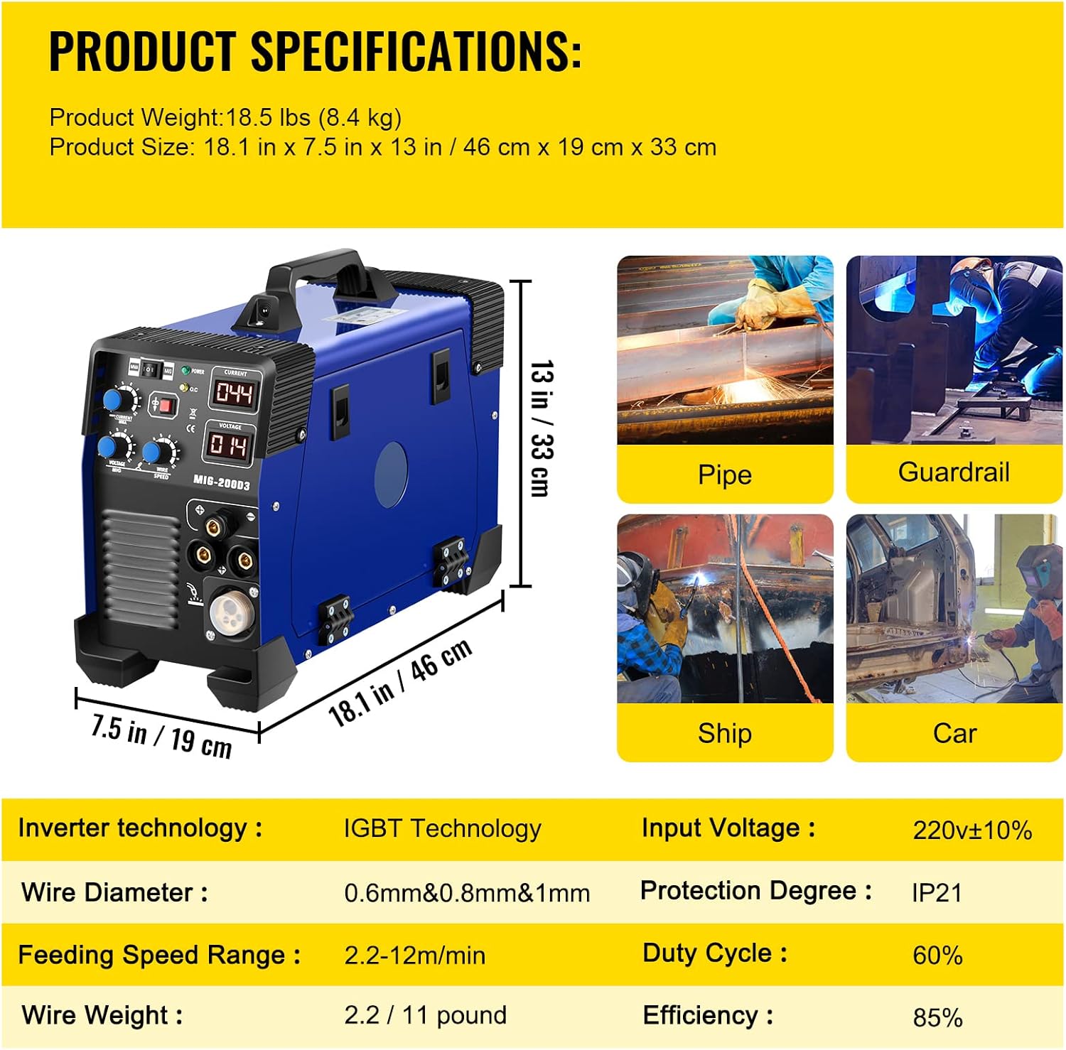 Mophorn MIG Welder, 200 Amp 3 in 1, 220V DC MIG/TIG/Arc Welding Machine, Portable TIG Welder with IGBT Inverter and Digital Display, Lift ARC Welder w/MIG Welder Torch and Cable