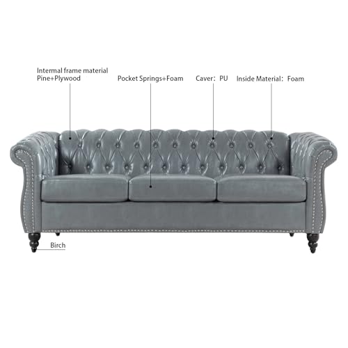 Couch, 3 Seater Sofa, Comfy PU Rolled Arm Chesterfield Couch, 84.65" Mid Century Modern Couches with Silver Studs Trim and Wooden Legs for Living Room Bed Room Apartment, Orange