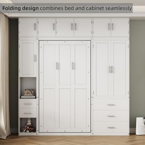 Merax Full Size Murphy Bed Cabinet with Lockers and Storage Wardrobes Shelves, Wood Foldable Hidden Wall Platform Bedframe Chest for Home, Bedroom, Office, Small Room, Apartment