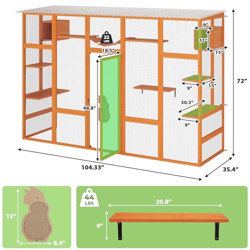 COZIWOW Catio Outdoor Cat Enclosure Window Catios for Indoor Cats Outside Patio Wooden Cattery with Large Door, Walks, Waterproof Roof, Resting Box, 104" L Extra Wide, Orange