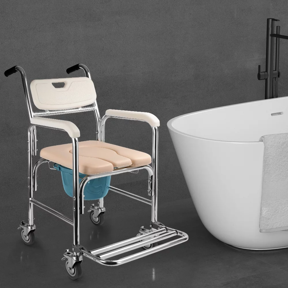 Shower Commode Chair with Wheels 4 in 1 Mobility Multi-Functional Rolling Shower Chair with Soft Padded Waterproof Mobile Over Toilet Chair with 4 Braking Casters Safe for Seniors, Injure