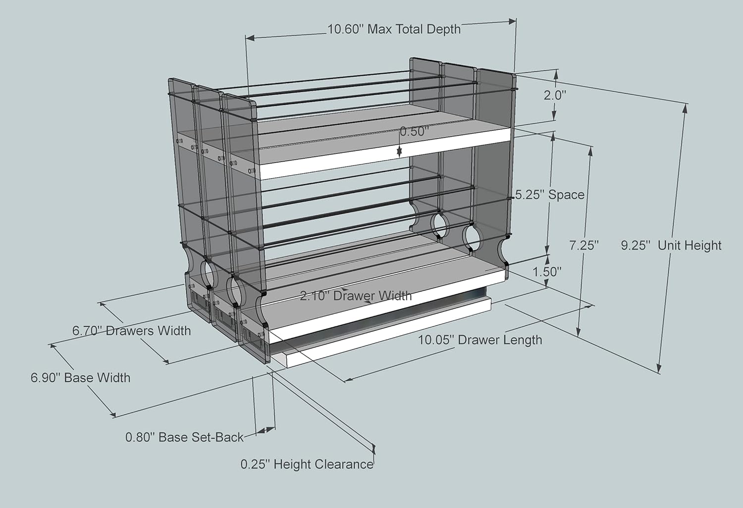 Vertical Spice - 222x1.5x11 DC - Spice Rack - 3 Drawers - 15 Regular/15 Half-size Capacity - Cabinet Mounted