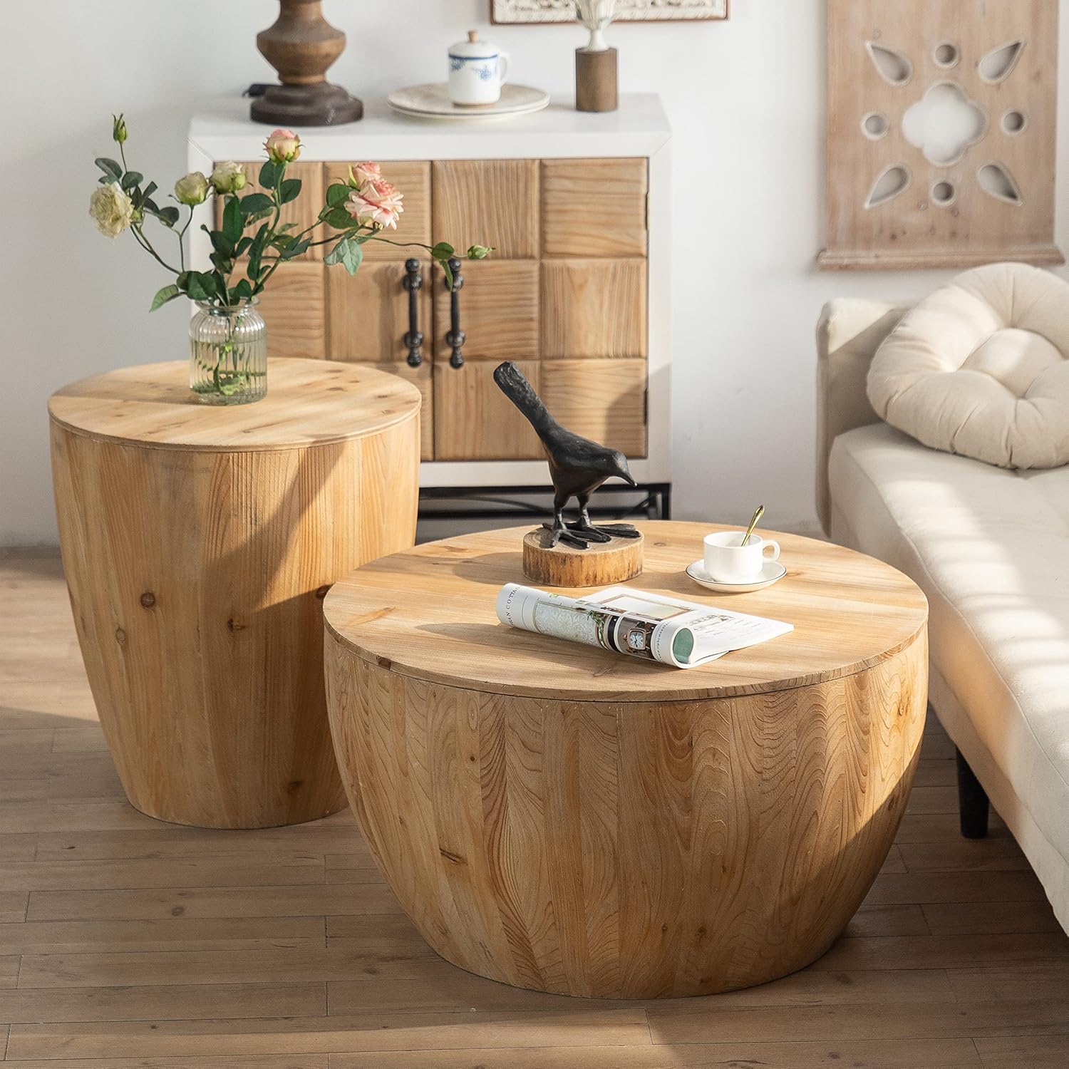 Round Wood Coffee Table End Table Side Table Set of 2 with Storage for Living Room, Modern Farmhouse Bucket Shaped Drum Coffee Table for Living Room Apartment, 2-Pcs