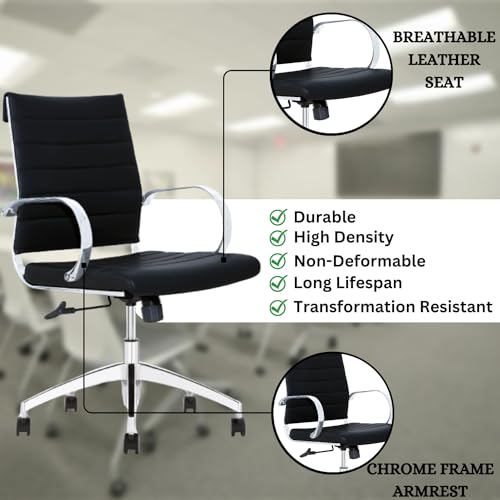 Ribbed Mid Back Conference Room Chairs - Lumbar Support, Modern Style Executive Chair for Home and Office - 360 Swivel Rolling Wheels - Aluminum Chrome Frame & Base - Black (Pack of 8)