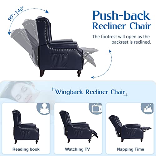 Wingback Recliner Chair with Massage and Heat, Tufted Fabric Pushback Recliner Chair, Wingback Chair with Remote Control, Padded Cushion, Wooden Legs, Small Recliners for Small Spaces