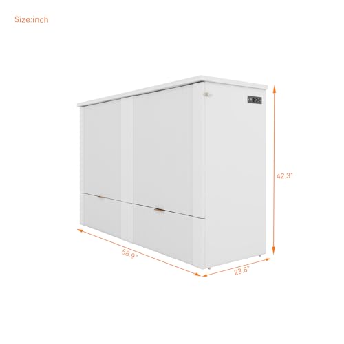 Merax Full Size Murphy Bed Cabinet with Storage, Wood Folding Wall Bed with Drawer, Sockets & USB Ports, for Guest Room, Home Office, Grey