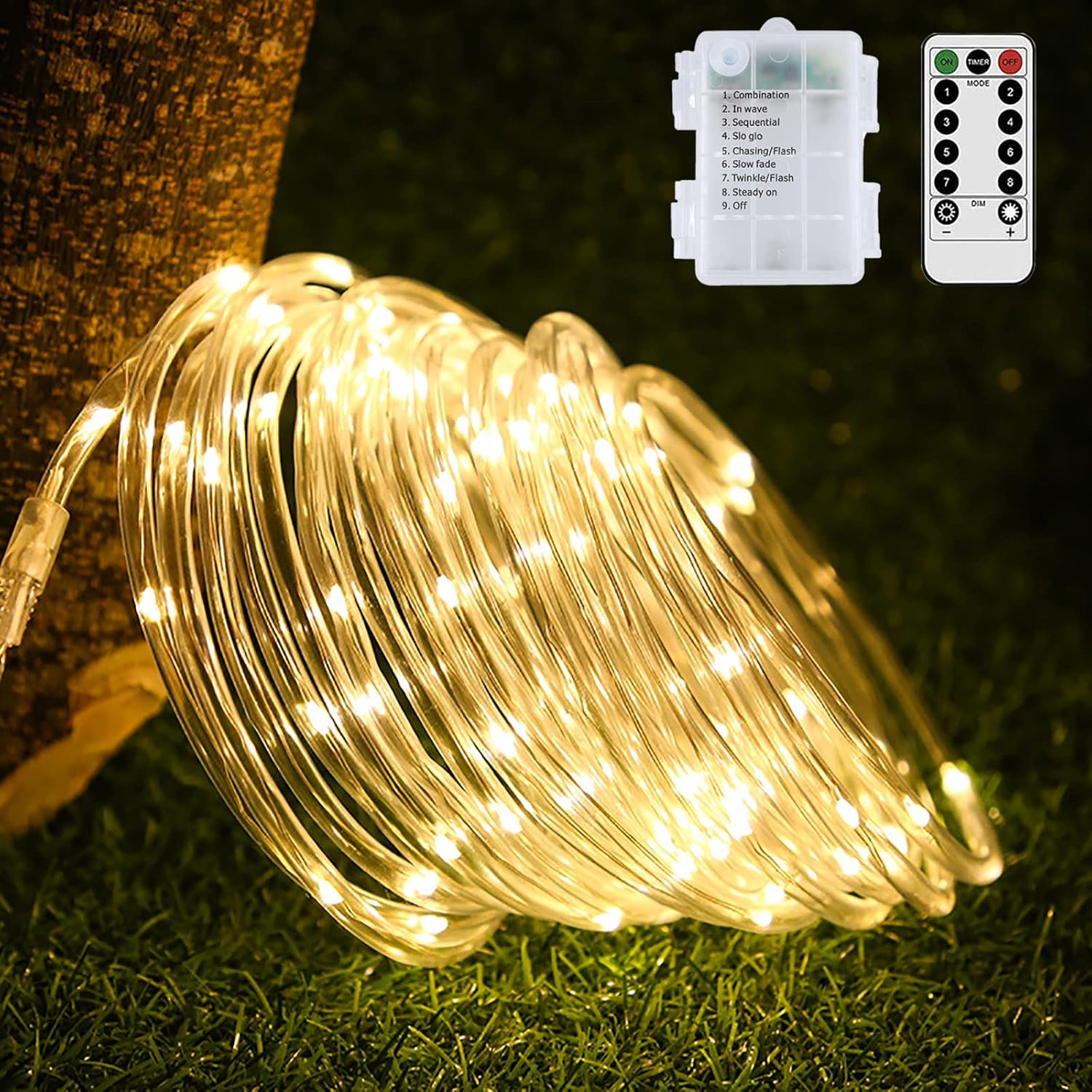 LED Rope Lights Battery Operated, 33Ft 100 LED Outdoor/Indoor Waterproof Fairy Lights 8 Modes Dimmable/Timer with Remote Control for Christmas Camping Party Garden Holiday Decoration (Cool White)