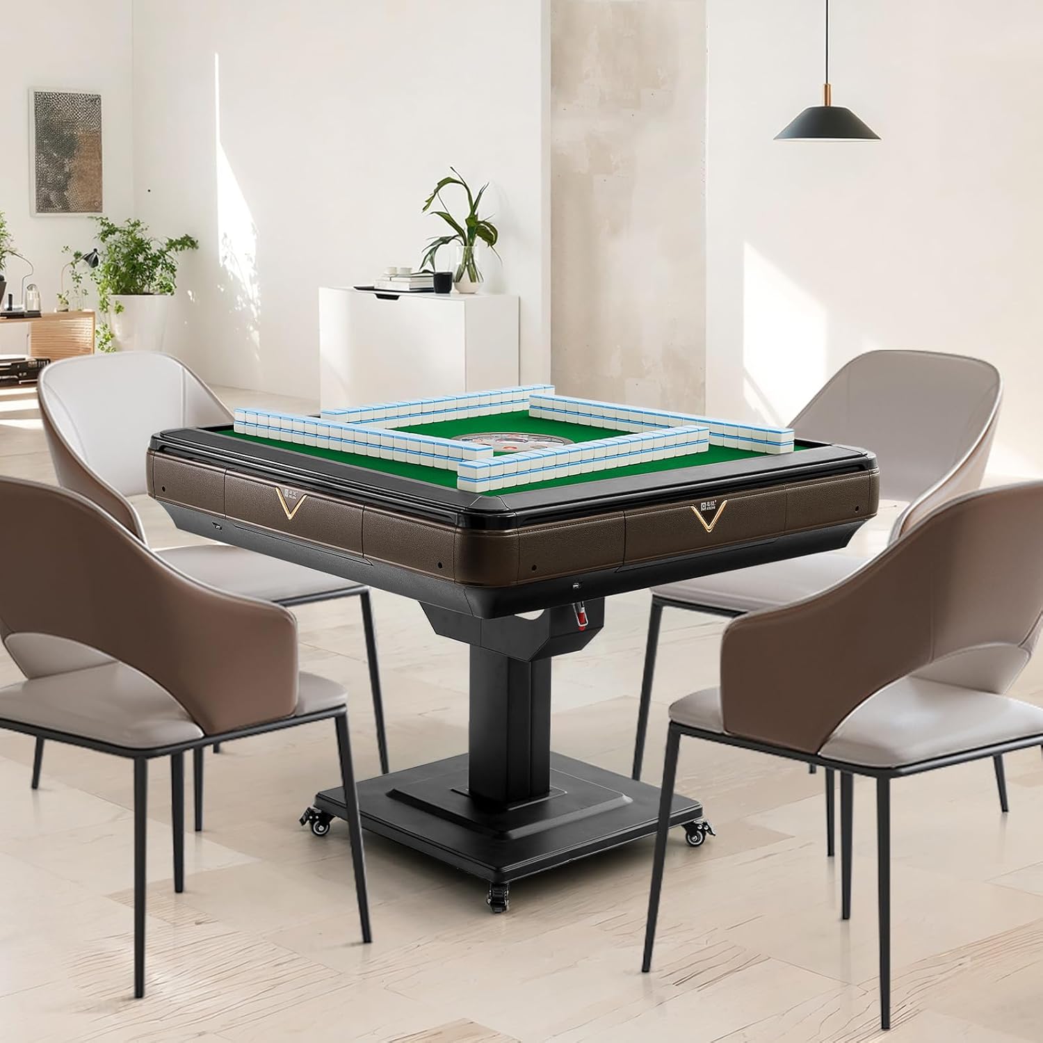 Folding American Mahjong Table, Fully Automatic Home Mahjong Table for Chinese/American, Slim with Wheels, Comes with 2 Sets of Tiles