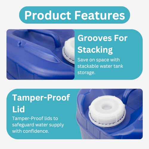 5-Gallon Stackable Water Storage Containers, 5 Gallons Each w/Lids + Spigot, Easy Fill, Survial Supply Emergency Water Storage for Camping and Disaster Preparedness, RV, 20 Gallon (4 Tanks)