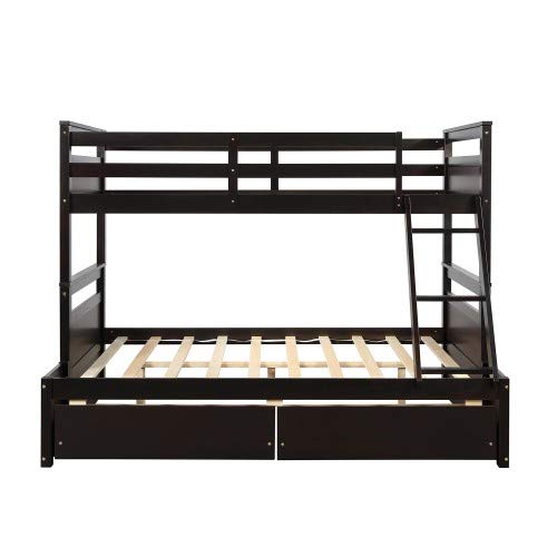 Twin Over Full Bunk Bed with Ladder, Solid Wood Bunk Beds Twin Over Full Size with Guardrail, Twin Over Full Bunk Bed Frame, Can Be Separated Into Twin/Full Size Bed, No Box Spring Needed (Gray)