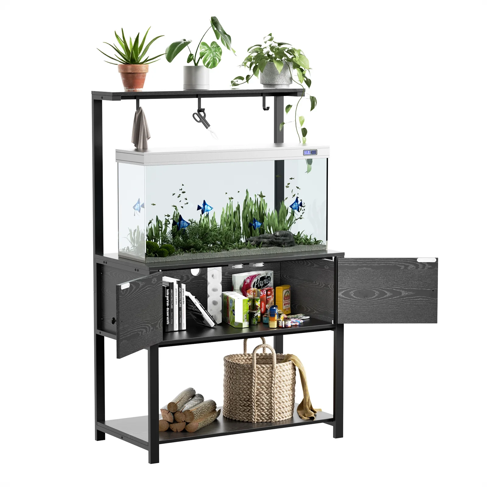 Veanerwood 40 Gallon Fish Tank Stand with LED Light Power Outlets,Metal Aquarium Stand with Storage Shelf and Moveable Hooks for Accessories Storage,Turtle Reptile Terrariums Standy (Rectangular) - Curated Treasures Market