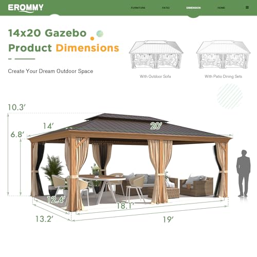 EROMMY 14'x20' Hardtop Gazebo Double Roof Galvanized Steel Canopy Outdoor Aluminum Frame Permanent Metal Pavilion with Netting and Curtains for Patio Backyard Deck and Lawns