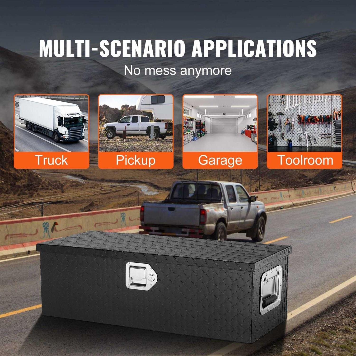 VEVOR Heavy Duty Aluminum Truck Bed Tool Box, Diamond Plate Tool Box with Side Handle and Lock Keys	VEVOR Heavy Duty Aluminum Truck Bed Tool Box, Diamond Plate Tool Box with Side Handle and Lock Keys