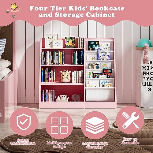 White Kids Bookshelf Wood Toy Storage Organizer Cabinet Children Bookcase Toddler Baby Sling Book Rack 3 Cube Bins Fabric Drawers for Playroom Bedroom Nursery School