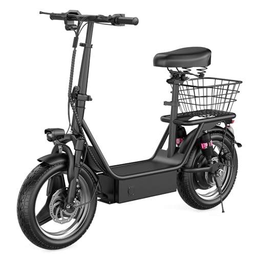Electric Scooter for Adults, 500W Motor, 20-25 MPH and 20-30 Miles Long Range, 14" Foldable Commuting Electric Scooter with Seat and Basket/Box, Ample Storage for Pet & Cargo