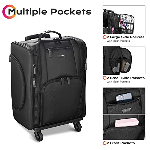 BYOOTIQUE Classic Black Rolling Makeup Train Case Soft Sided Cosmetic Storage Makeup Organizer Carry on Travel with Removable Side Pocket Bag