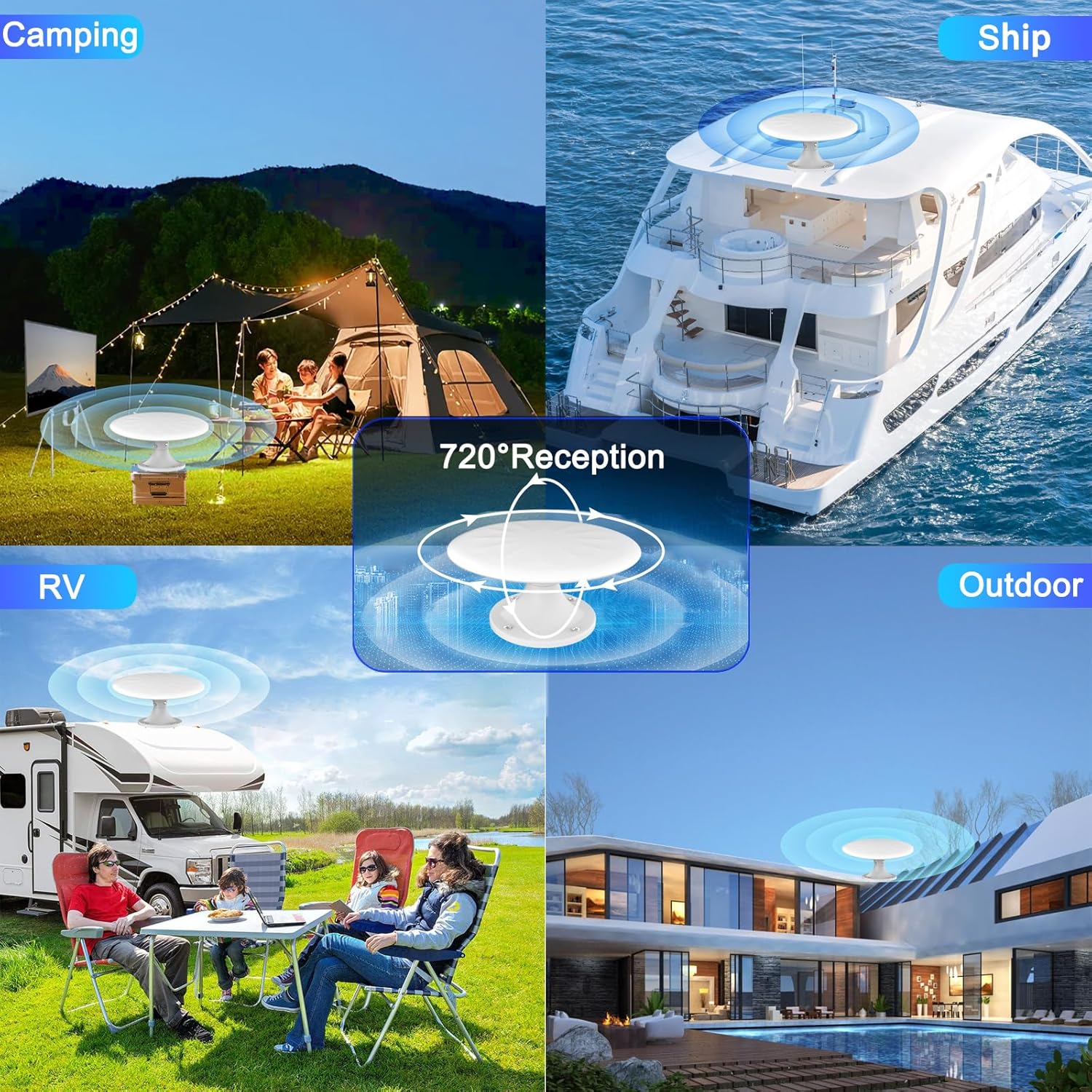 RV TV Antenna for Smart TV Outdoor, 720° Long Range Omni Directional Reception Digital HD Antenna Signal, with Super Signal Booster, 35ft HDTV Cable, for RV/Camping/Attic/Truck/Boat. (White)