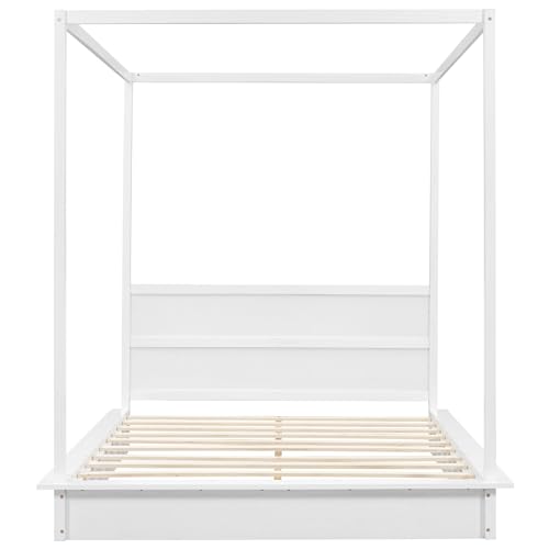 Bellemave Canopy Bed Frame Wood Four Posters Twin/Full/Queen/King LED Platform Bed with Built-in Headboard Strong Wooden Slat Support, No Box Spring Needed,White (Full)