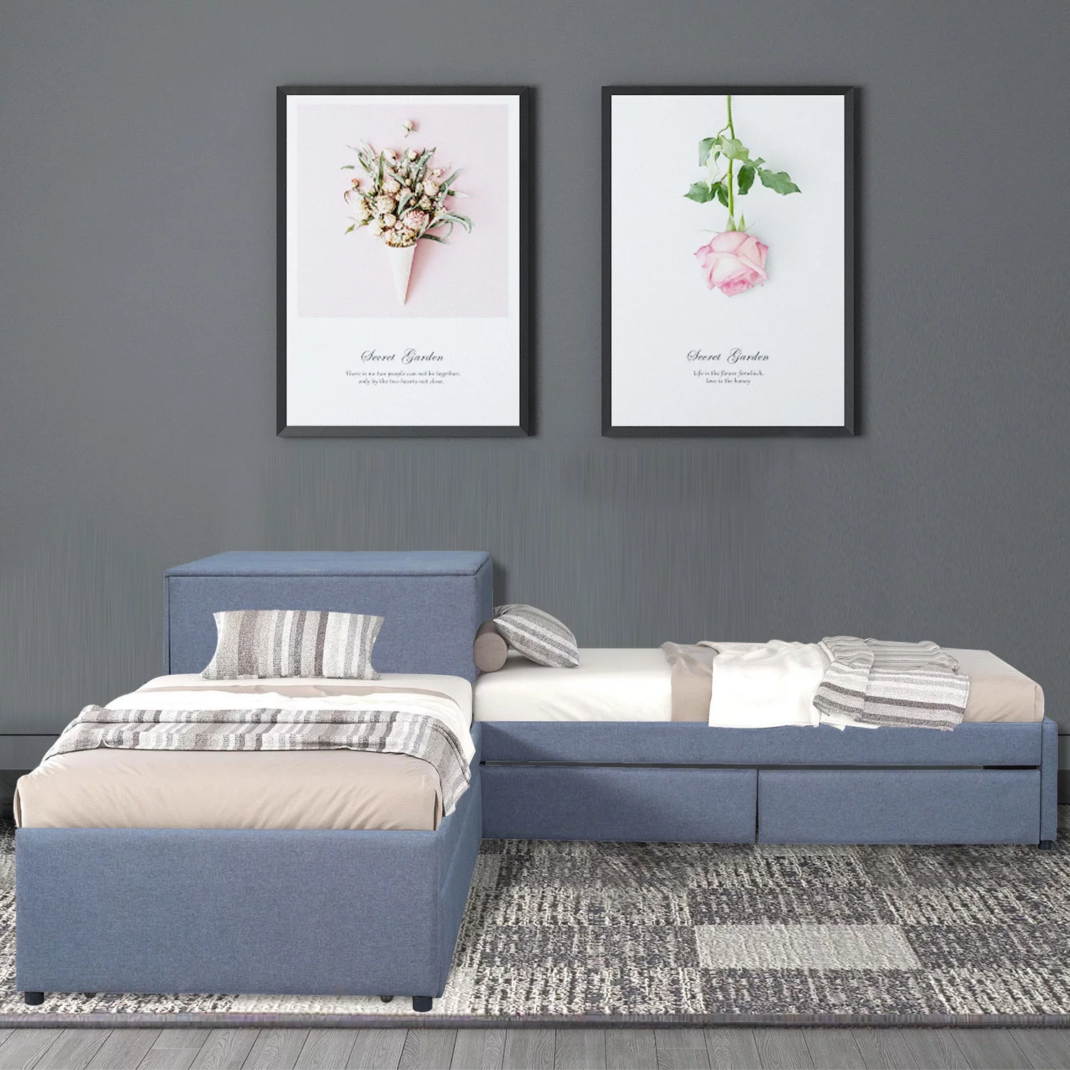 L Shaped Platform Bed with Rollers and Two Drawers Attached Built-in Desk, Double, Grey. Size, 119''L*119''W*37.2''H, suitable for various households