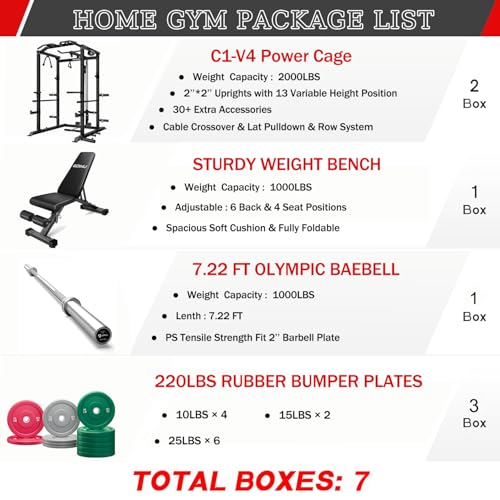 C1-V4 Power Cage, 2000LBS Squat Rack with LAT Pulldown, Multi-Function Weight Cage Strength Training Machine, Workout Cage with More Attachments for Home Gym Garage