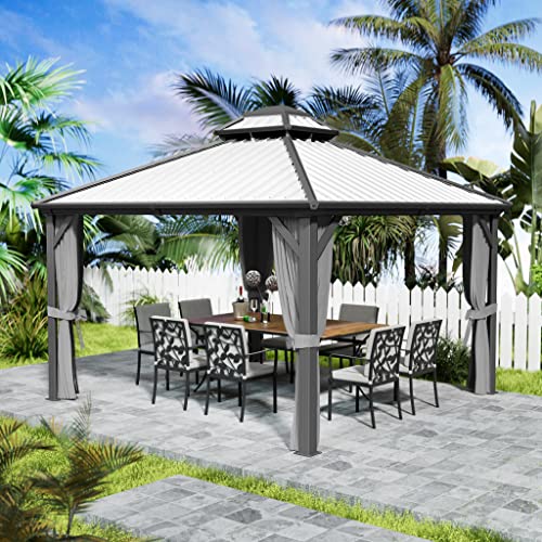 Kozyard Caesar 10'x10' Hardtop Gazebo - Permanent Metal Pavilion with Netting and Shaded Curtains for Patio, Backyard, and Deck - Galvanized Steel Outdoor Aluminum Canopy, Double Roof Gazebo (Grey)